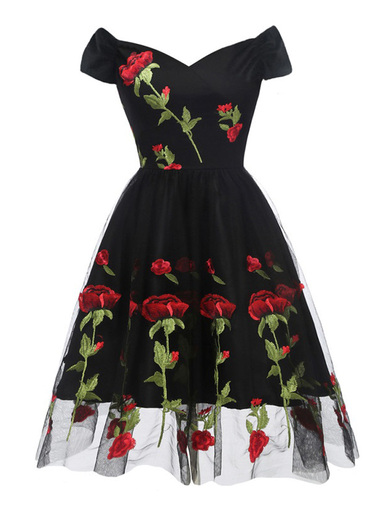 Tonval Rose Floral Embroidered V-Neck Elegant Party Dress Pleated Mesh Overlay Women Short Sleeve Vintage Summer Dresses alx