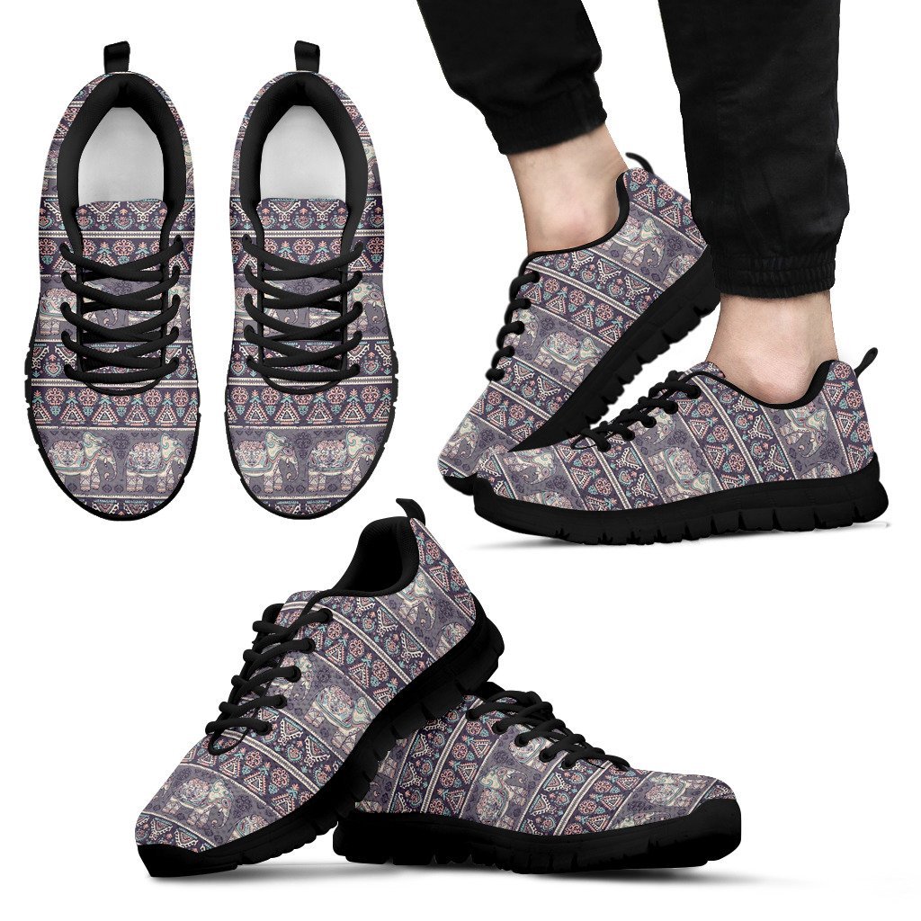 Black Elephant Aztec Pattern Print Black Sneaker Shoes For Men Women