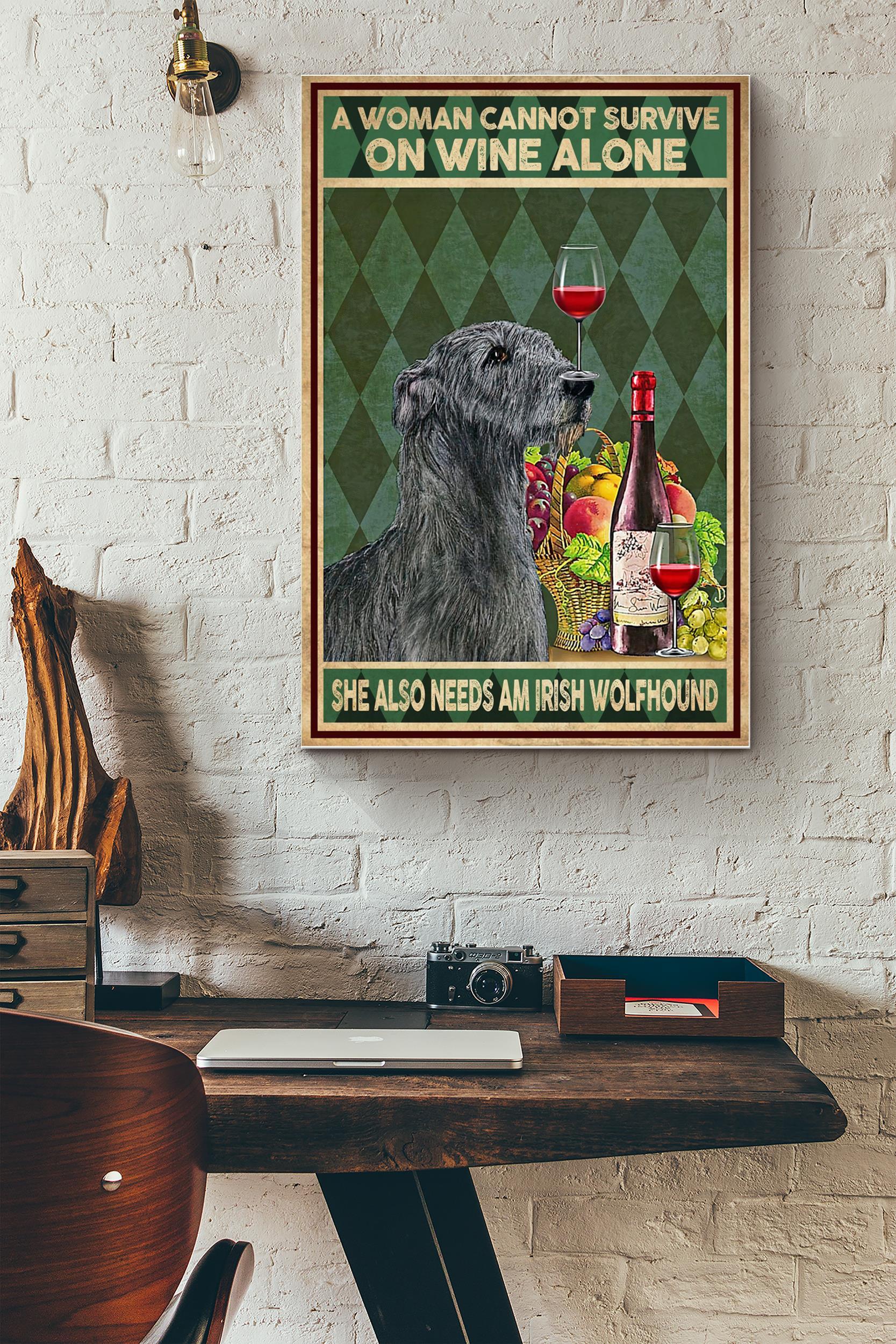 A Woman Cannot Survive On Wine Alone She Also Needs Am Irish Wolfhound Poster – Animals Wall Art – Gift For Dog Lovers Wine Addictors Home Decor Pub Decor (Unframed) Poster