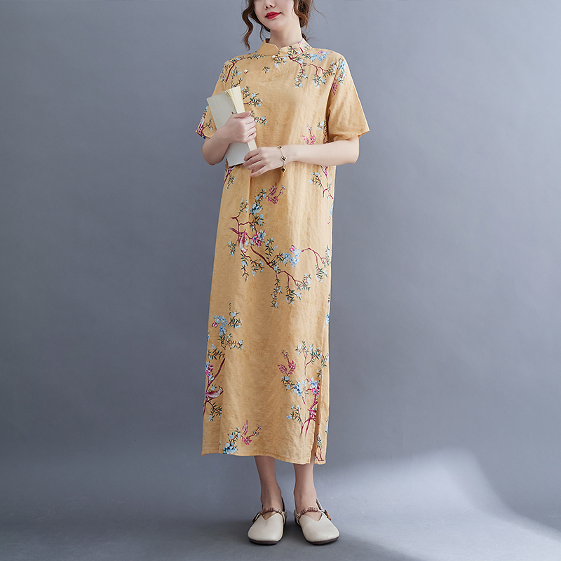 2022 New Arrival Stand Collar Vintage Chinese Style Dress Thin Light Soft Cotton Linen Loose Summer Dress Women Casual Dress alx