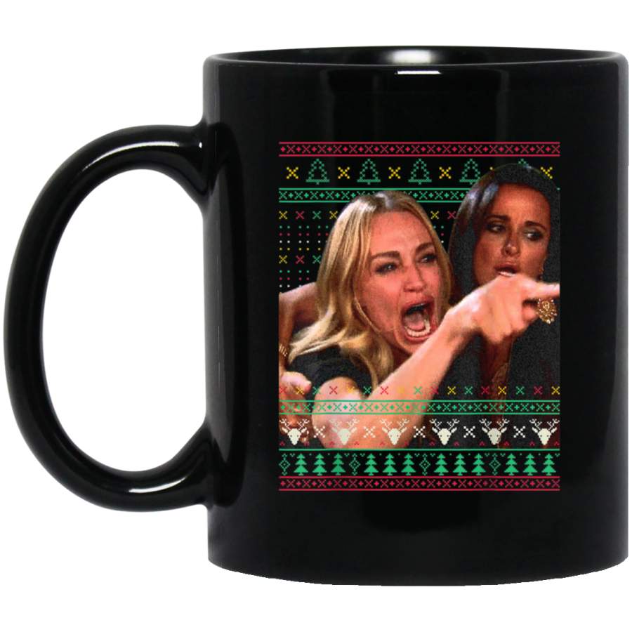 Woman Yelling at a Cat Ugly Christmas Sweater Meme Outfit 11 oz 15 oz Black Mug