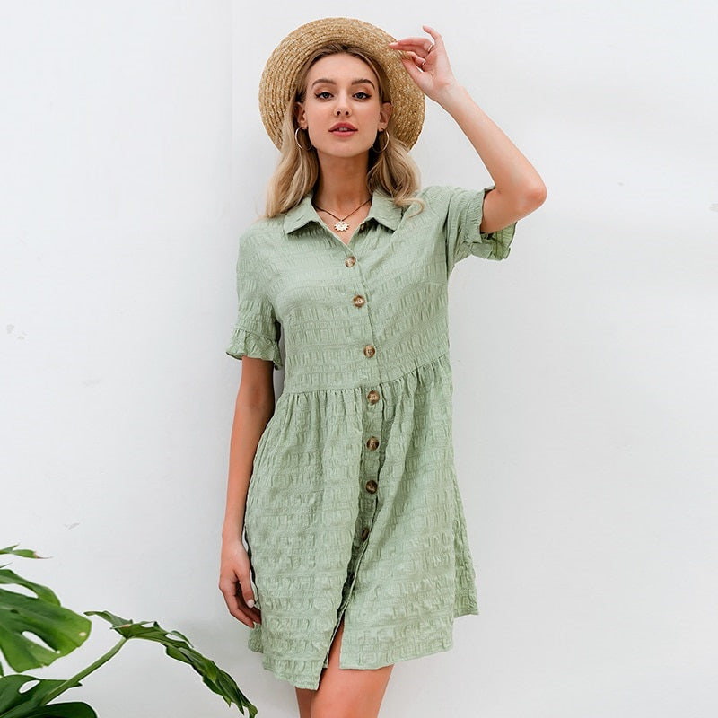 Streetwear Solid Summer Shirt Collar Ruffled Casual Party Buttons Office Dress