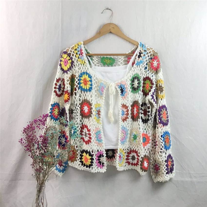 2022 Spring Autumn Women Ethnic Style Handmade Crochet Cardigan Mujer Boho Colorful Hollow Out Knitted Sweater Coat Jacket alx