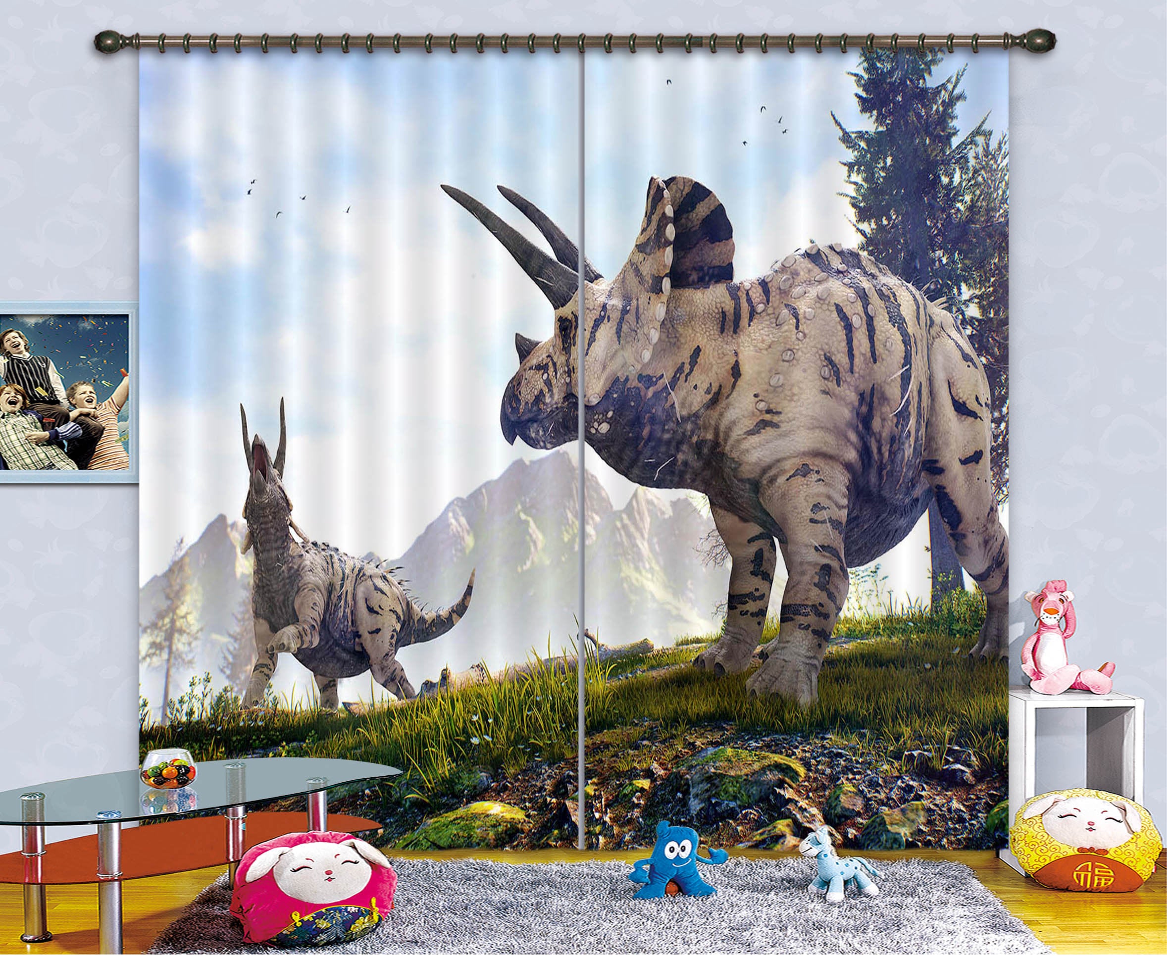 3D Dinosaur With Mountain C022 Blockout Photo Curtain Print Curtains Drapes Fabric Window | 3D Large Photo Curtain, Jess Art Decoration Wallpaper