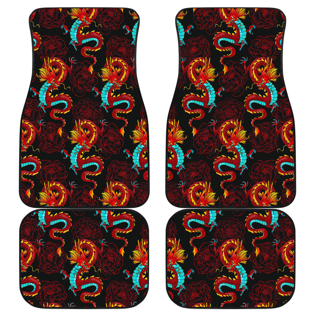 Red Dragon Lotus Pattern Print Front And Back Car Floor Mats, Front Car Mat