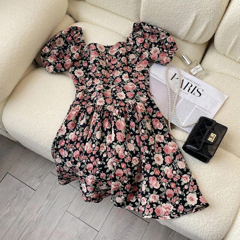 2022 Floral Print Loose Chiffon Dress Women’s Fashion Casual Vintage Summer All-match Plus Size Beach Dress Fat Girl Fashion alx