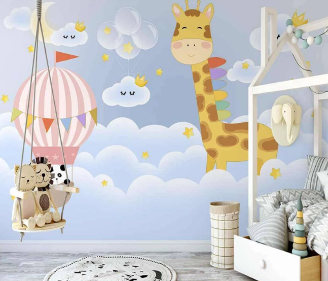 3D Cartoon Colorful Giraffe Animal Cloud Hot Air Balloon Wall Mural Wallpaper Lxl