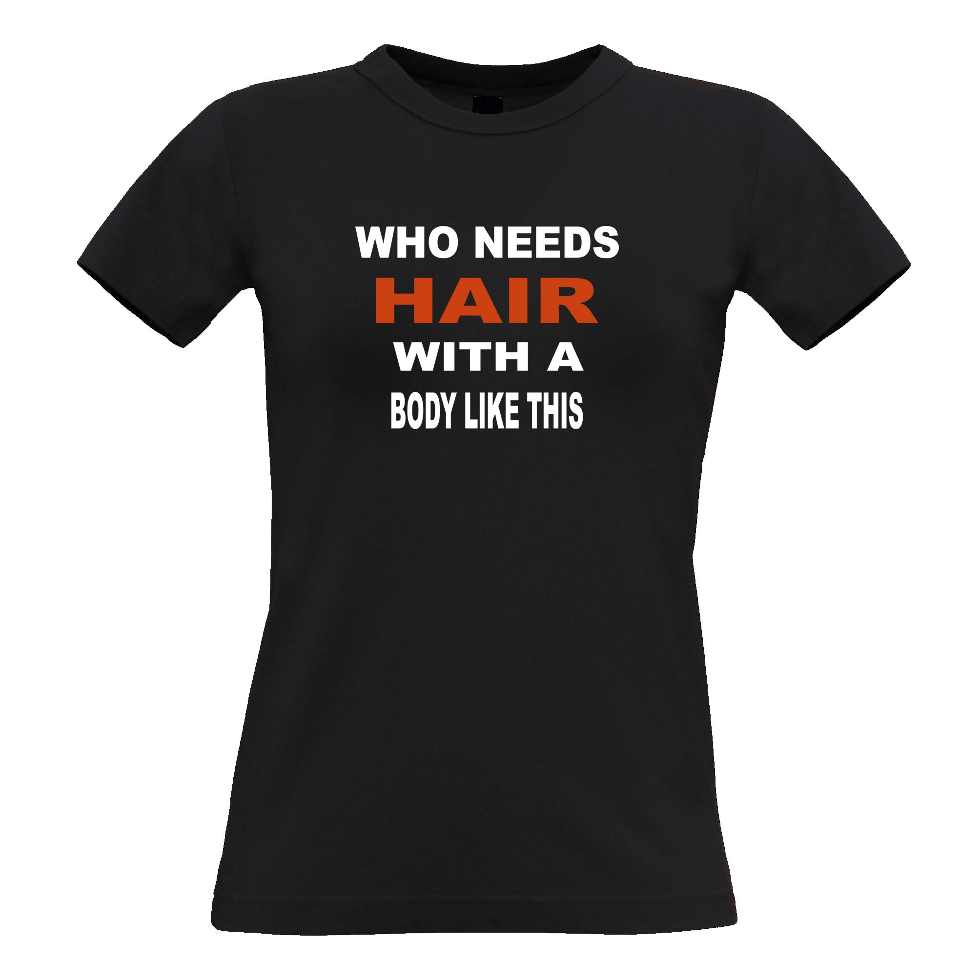 Novelty Womens T Shirt Who Needs Hair With A Body Like This Tee