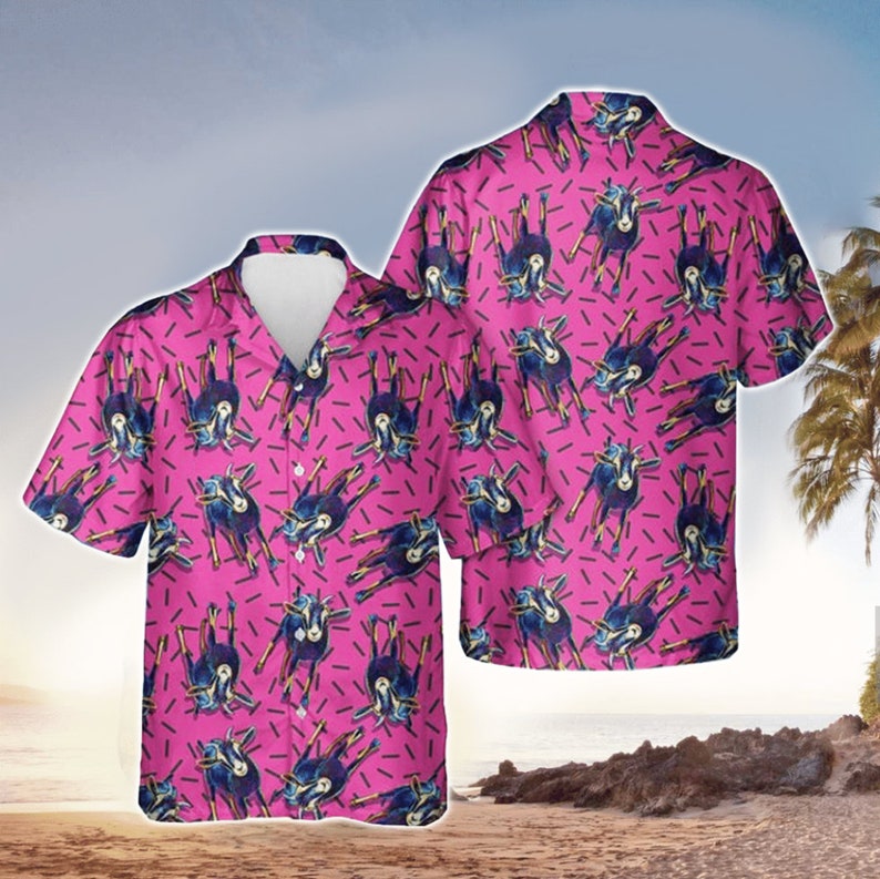 Pink Goat Hawaiian Shirt For Men Women – Farm Animal Button Down Aloha Shirt, Short Sleeve Series – Vintage Hawaii Beach Shirt, Summer Shirt