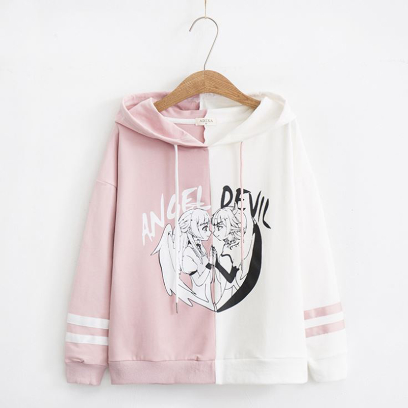 SzBlaZe Spring Autumn Cute Cartoon Printing Hooded Kawaii Color Matching Sweatshirt Women Top Clothings alx