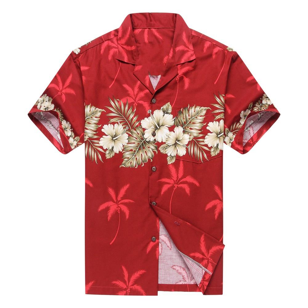 Men's Aloha Shirt Palm with Cross Hibiscus in Red - Pinotee Store