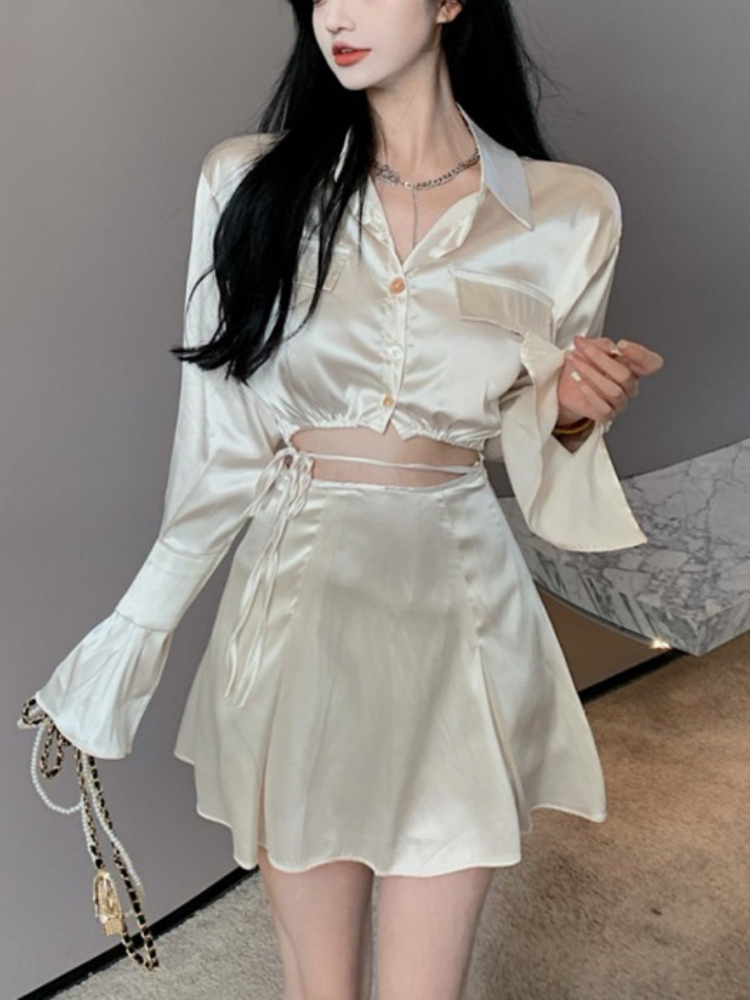 2022 Summer Fashion Elegant Women’s Skirt Set Full Flare Sleeve Lace Bandage Satin Short Shirt and High Waist Skirt 2-piece Set alx