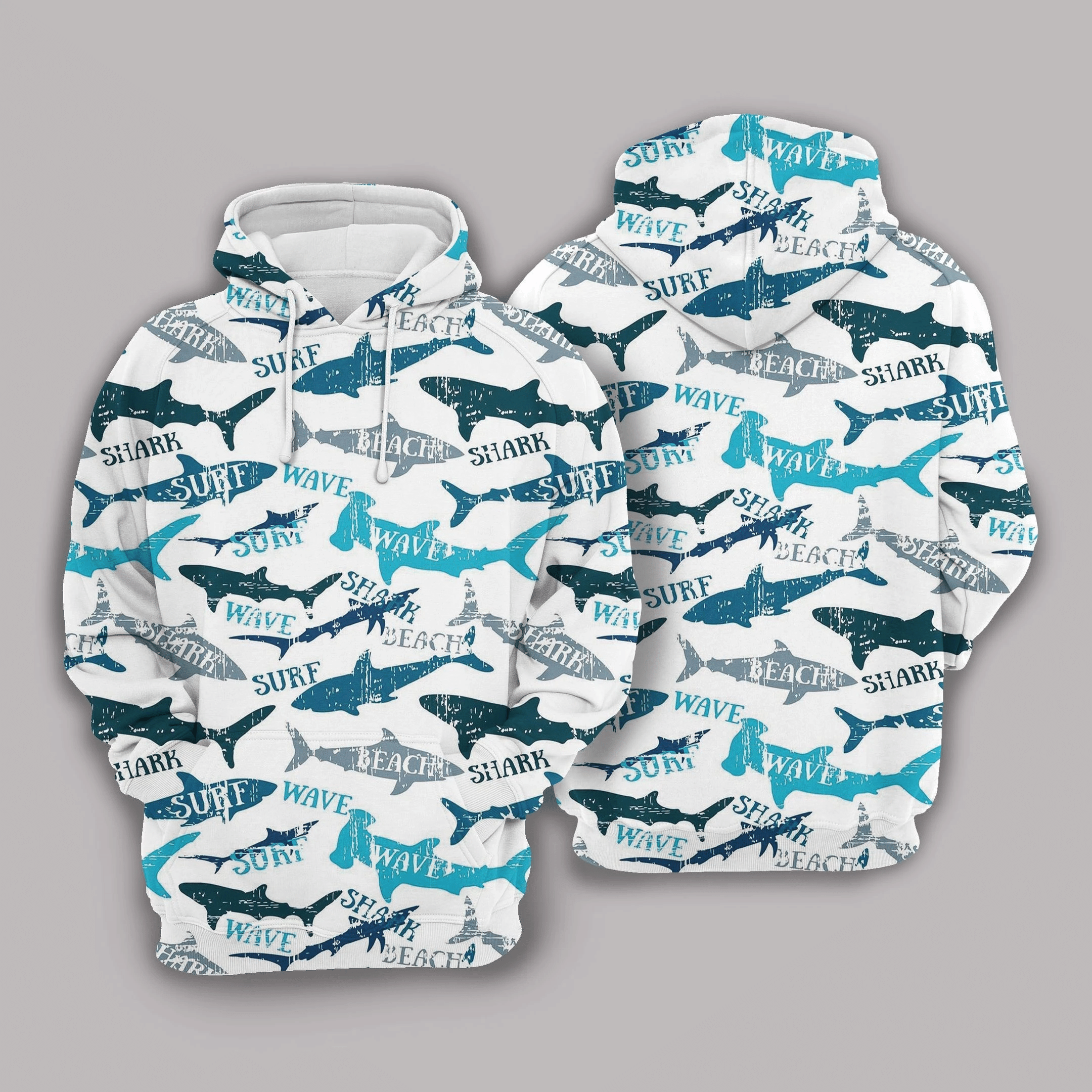 Shark Hoodie Surf Wave Beach Types Of Shark Silhouette Pattern White Hoodie Shark Week Gift Adult Full Size Full Print