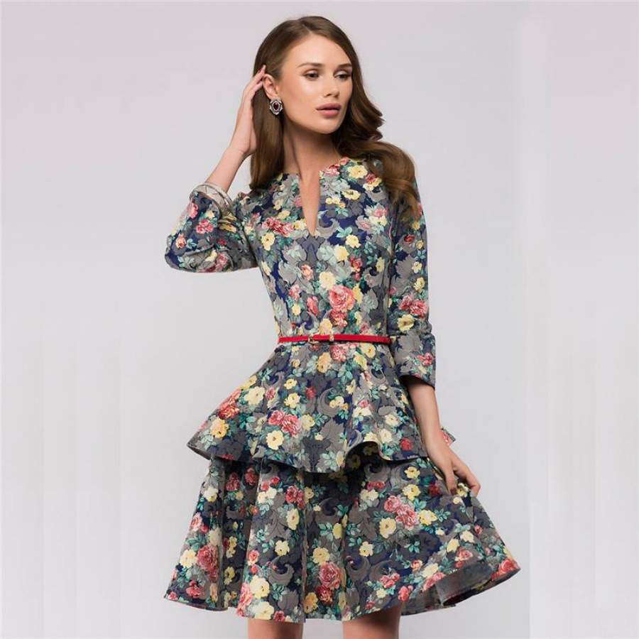 Floral Summer Dress 2018 New Fashion Women Elegant Vintage Dresses Spring Pink Sexy V-Neck Casual Party Dress