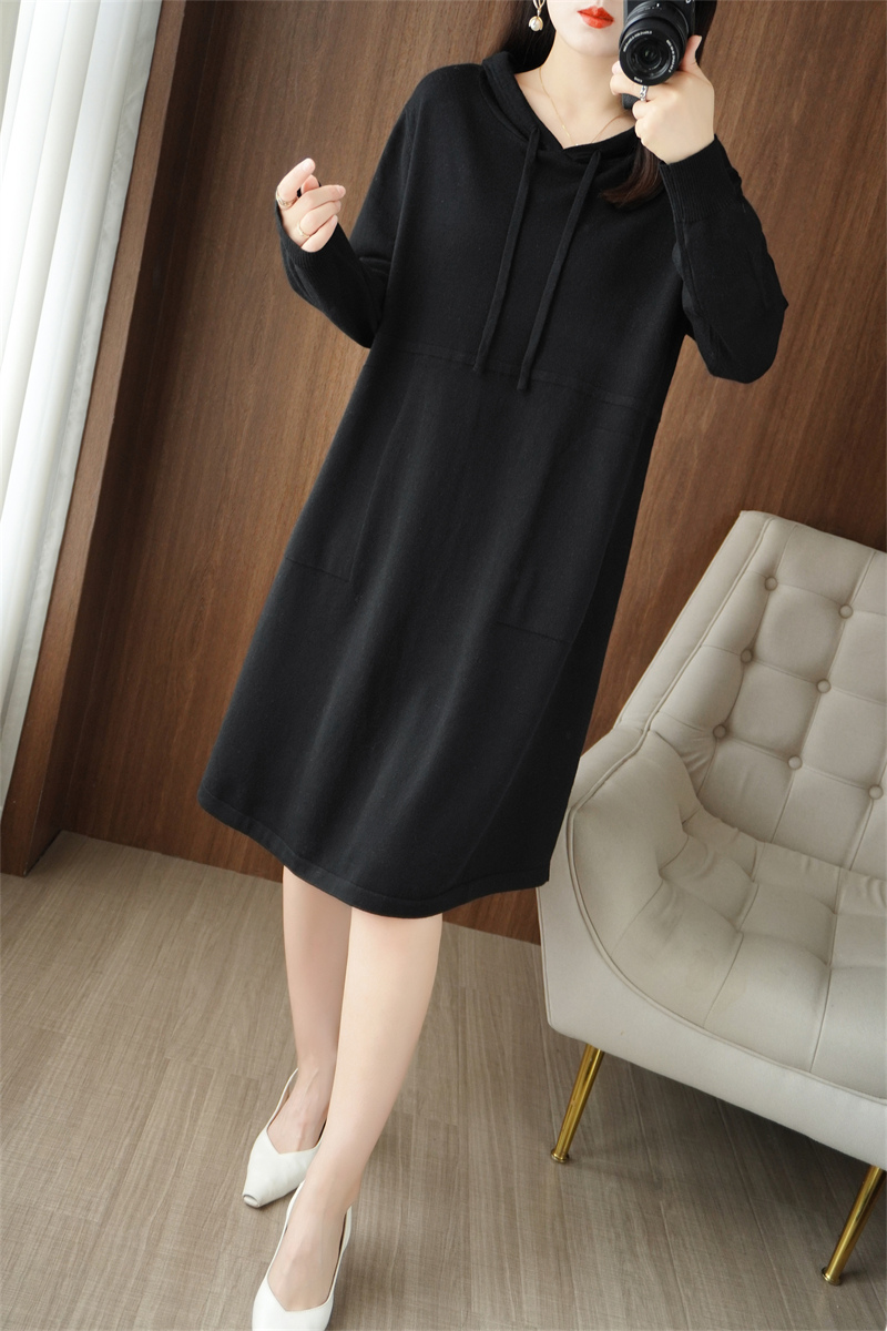 Beautiful Autumn And Winter New Hooded Sweater Skirt Long Knee-Length Bottoming Shirt Pure Wool Slim Knit Dress alx