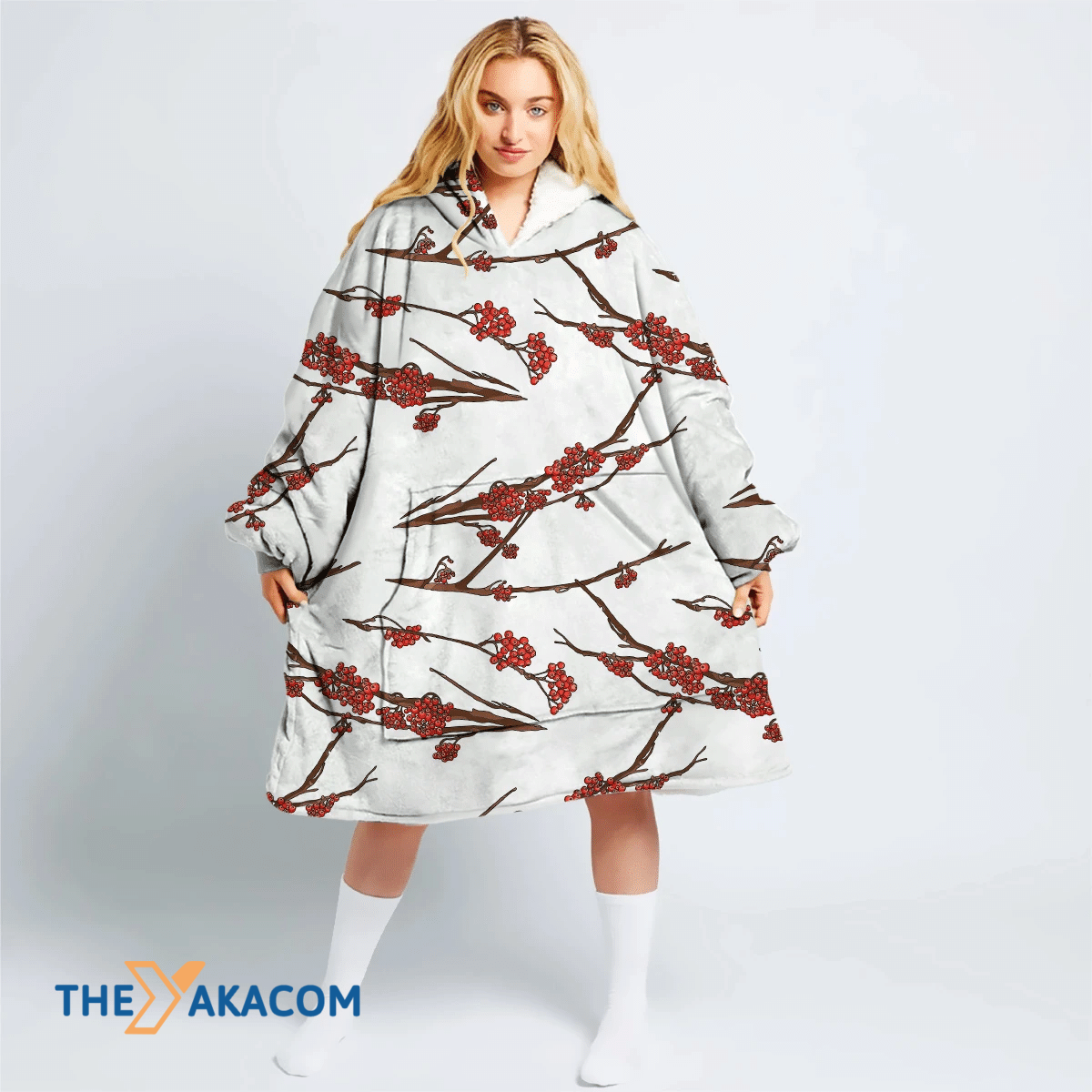 Typography Design Xmas Elements With Berries Branches Of Mountain Ash Hoodie Blanket
