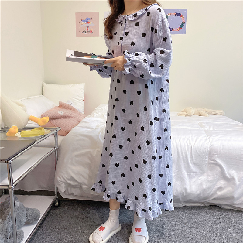 autumn winter love heart nightgown women ruffles long sleeve homewear dress gauze cotton soft korean chic nightdress Y987 alx