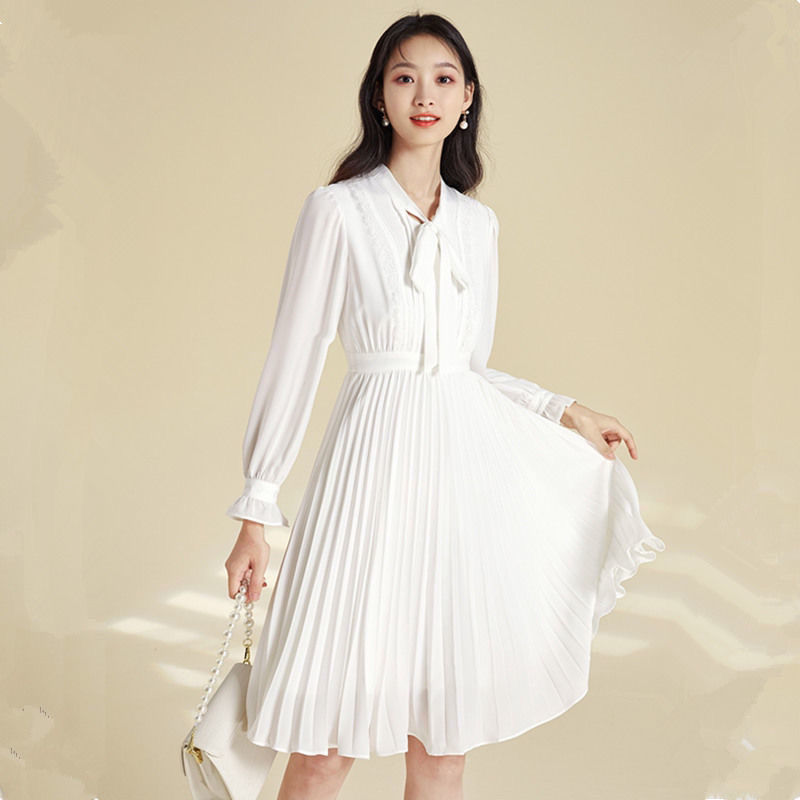 2022 Fall Autumn Dress Chic Long Sleeve Bow Collar Pleated Dresses Women Bell Flare Sleeve Slim Waist Soft Girl Dresses White alx