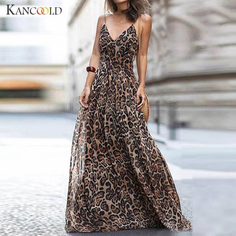 Sleeveless fashion High Waist V-Neck  Sexy Leopard Dress