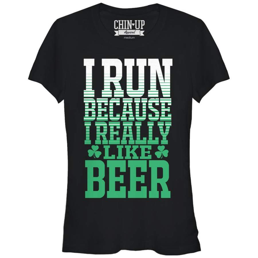 CHIN UP Junior’s I Run Because I Really Like Beer  T Shirt Black