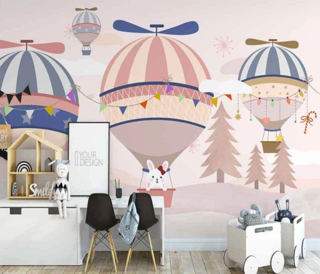 3D Cartoon Colorful Hot Air Balloon Bunny Animal Wall Mural Wallpaper Lxl