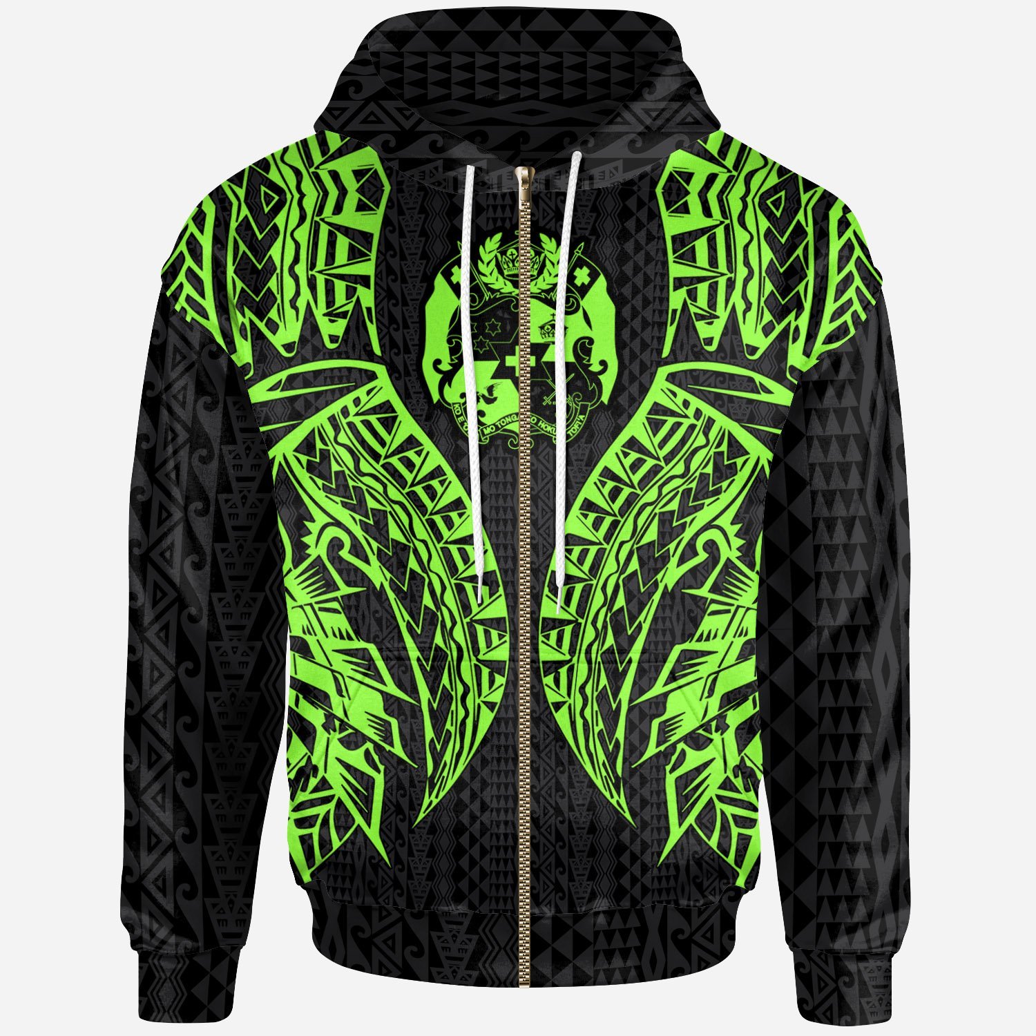 Tonga Zip-Up Hoodie – Polynesian Lion Head Green Style – Pacific Print Hoodie