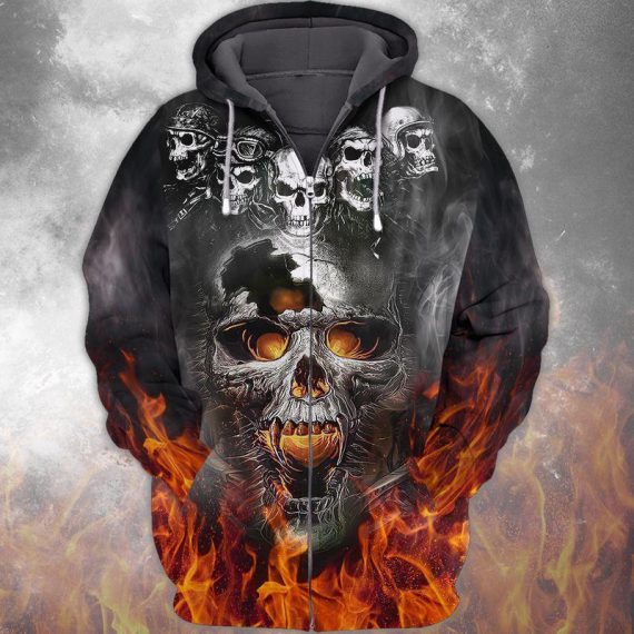 Fire Skull Cool All Over Printed Unisex Size Zip Up Hoodie Gift For Skull Lovers