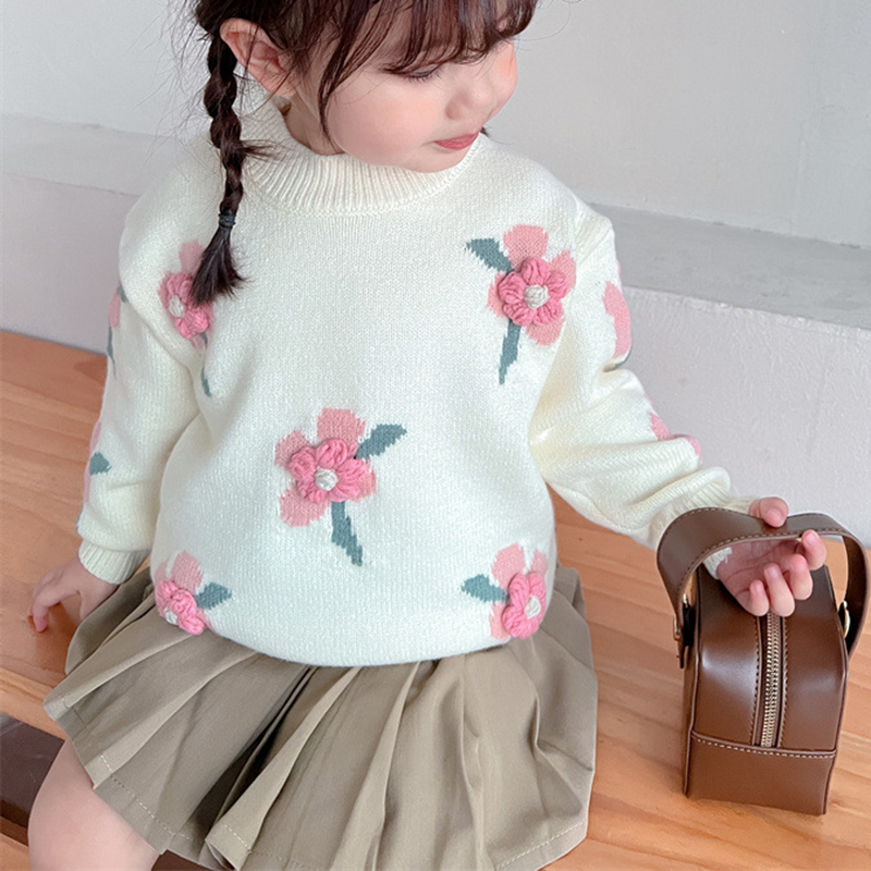 Autumn and Winter Girls Sweater Baby Girl Flower Sweet Pullover Children’s Sweater Knitted Casual Round Neck Warm Top 2 Colors alx