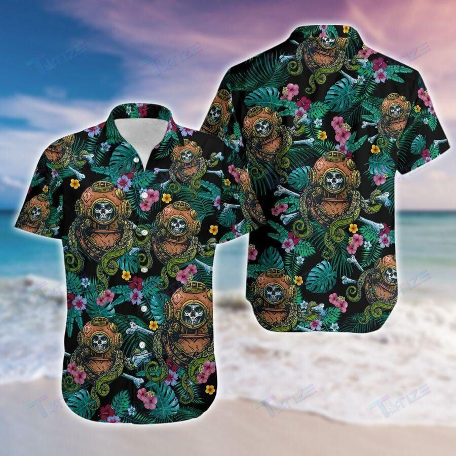 Scuba Diving Skull Tropical All Over Printed Hawaii Shirt Size S Ha52794