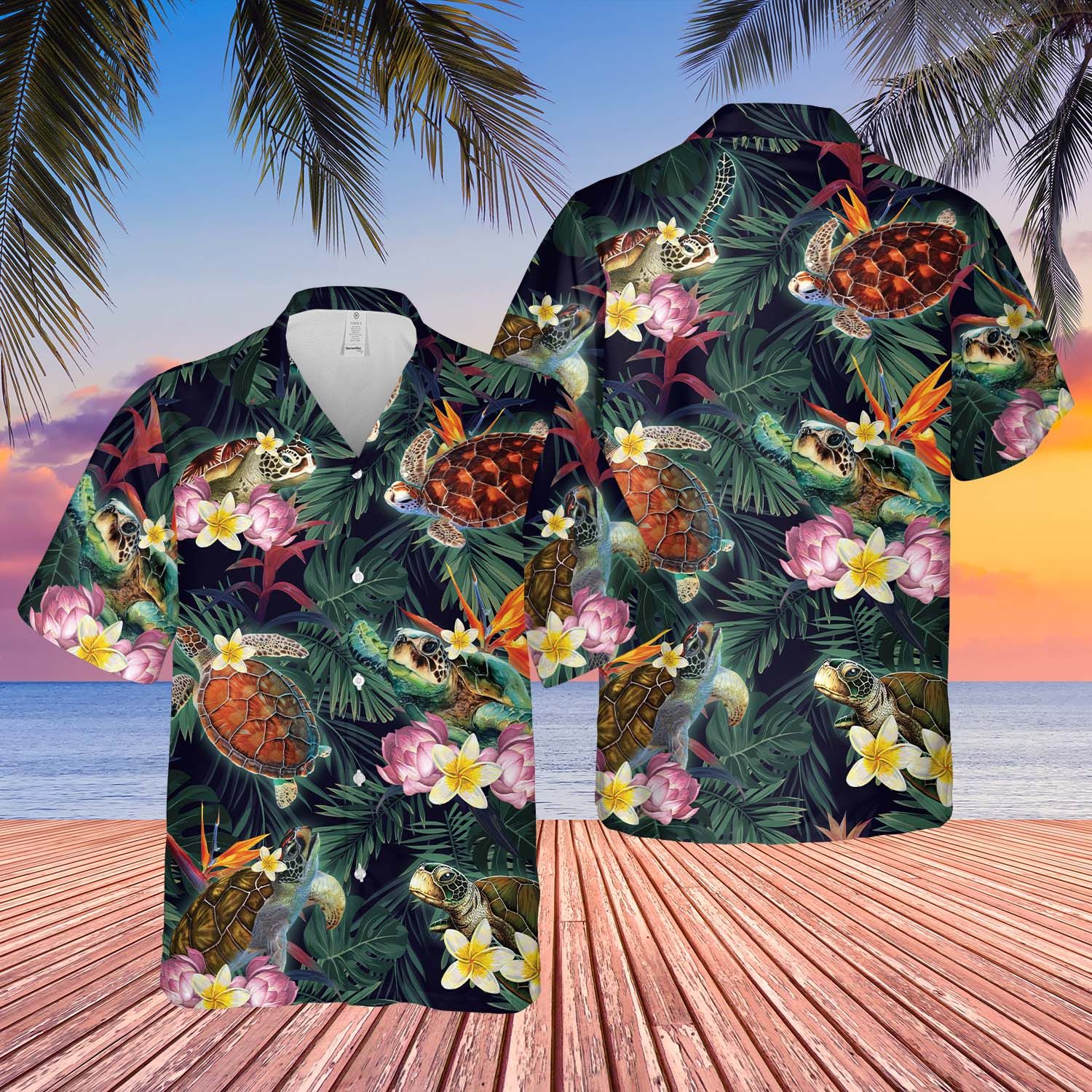 Turtle Tropical Palm Leaves And Flowers All Over Print Hawaii Shirt Ha95850