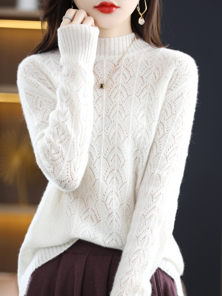 2022 Autumn And Winter New 100% Pure Wool Sweater Women’s Half Turtleneck Knitted Pullover Loose Hollow Cashmere Top Female Hot alx