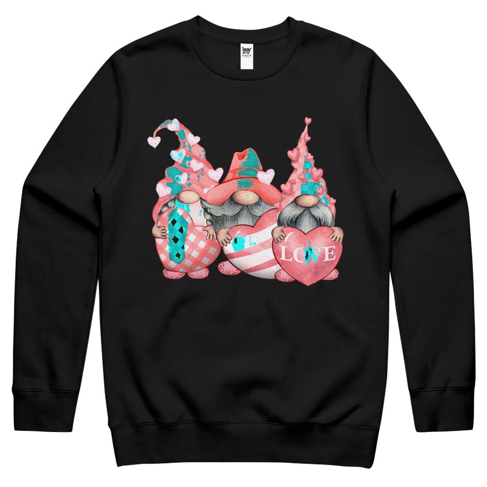 Happy Valentines Day Tomte Three Pink Hearts Garden Gnomes Crewneck Sweatshirt