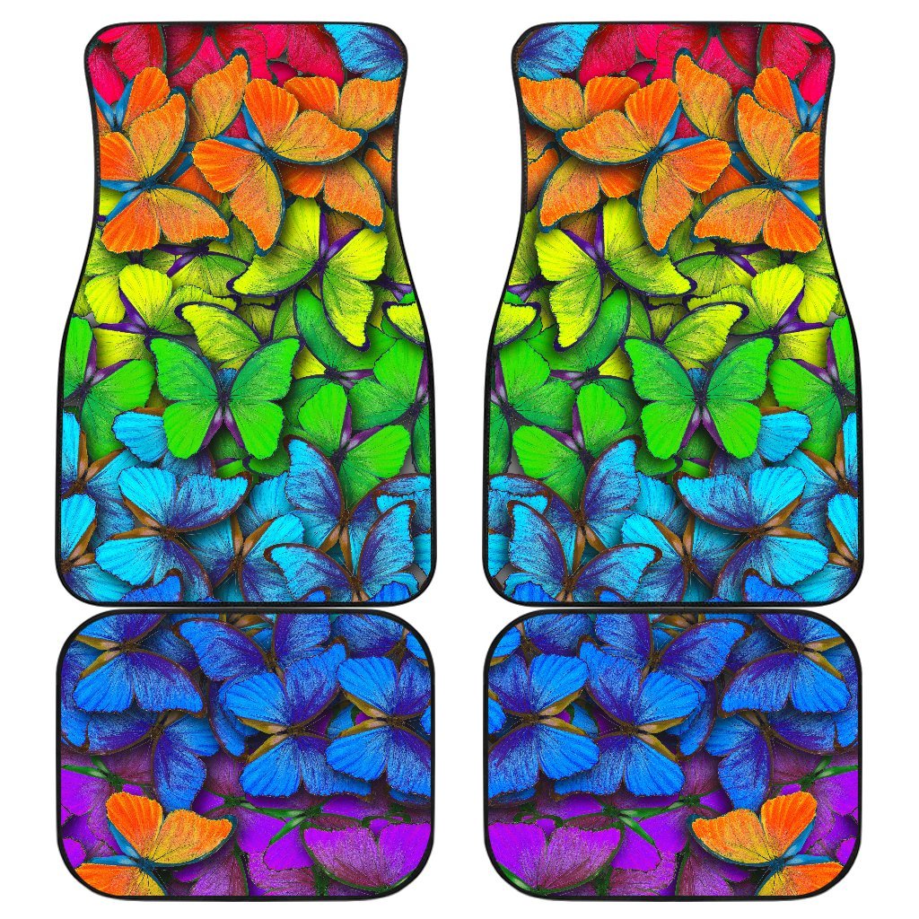 Rainbow Butterfly Pattern Print Front And Back Car Floor Mats, Front Car Mat