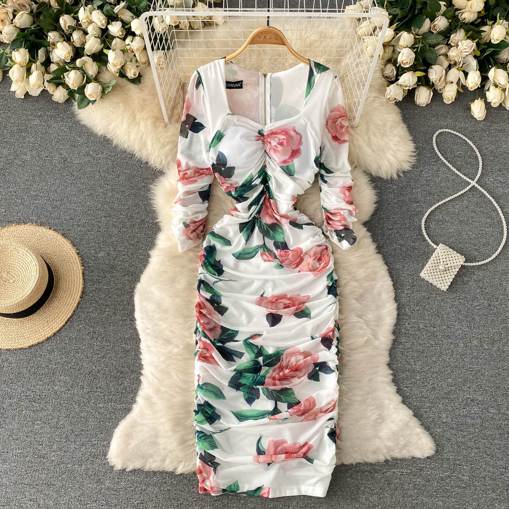 Spring Autumn Ruched Midi Dress Women Flower Print Square Collar Puff Sleeve Elastic Package Hip Mesh Holiday Beach Dress M78995 alx