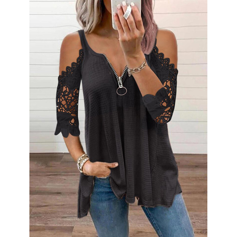 2022 Aesthetic Summer New Lace Petal Sleeve T-Shirt Off Shoulder Hollow Out Zipper Top V-Neck Loose Casual Solid Color Tee Tunic alx