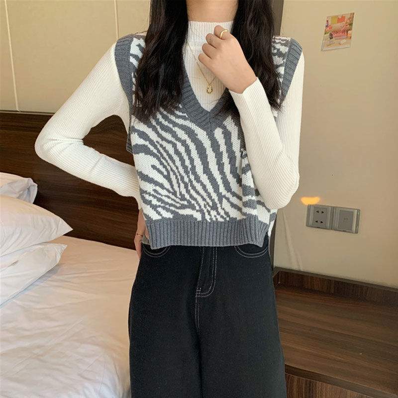 Women Sweater Vests Zebra Stripes Simple All-match V-neck Ulzzang Elegant Chic Harajuku Hipsters Fashionable Leisure Loose Retro alx