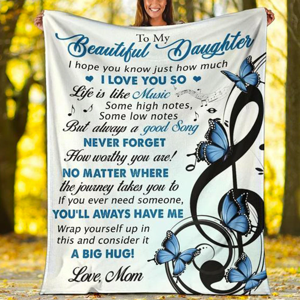 Personalized Fleece Blanket To My Beautiful Daughter Blue Butterfly & Music Note Blankets Custom Name
