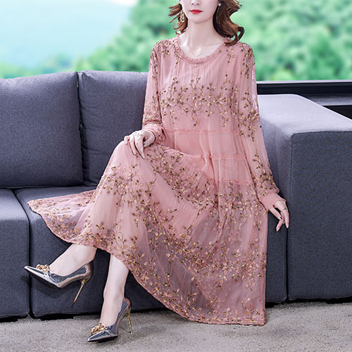 2022 Fashion Pink Natural Silk Midi Dress Spring Autumn Elegant Bodycon Vestidos Women Casual Floral Embroidery Party Dresses alx