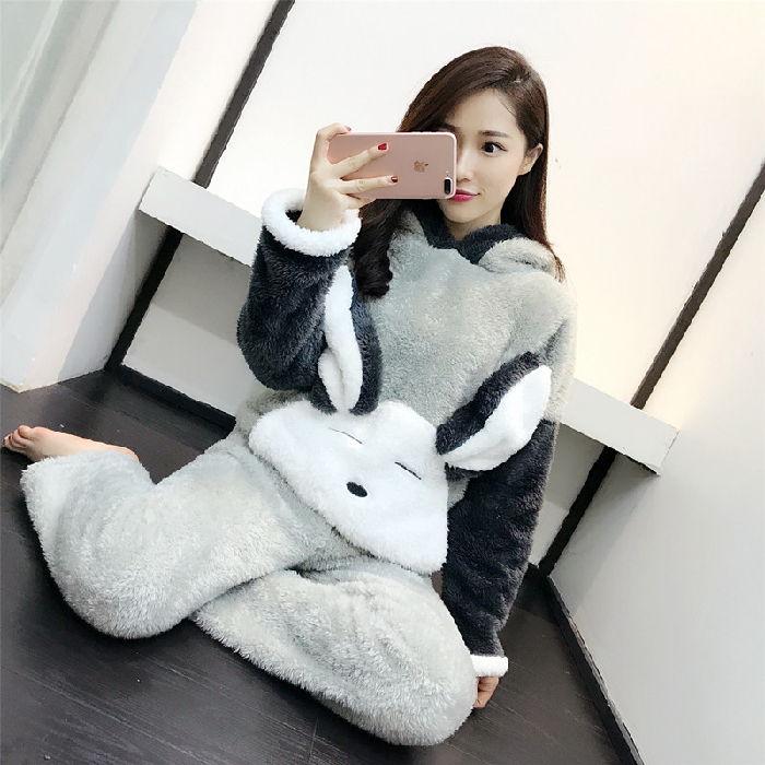 Winter Long Sleeve Thicken Keep Warm Coral Velvet Women Pajamas Set Plush Hooded Sleepwear Cartoon Rabbit Nightwear 2 Peice Suit alx