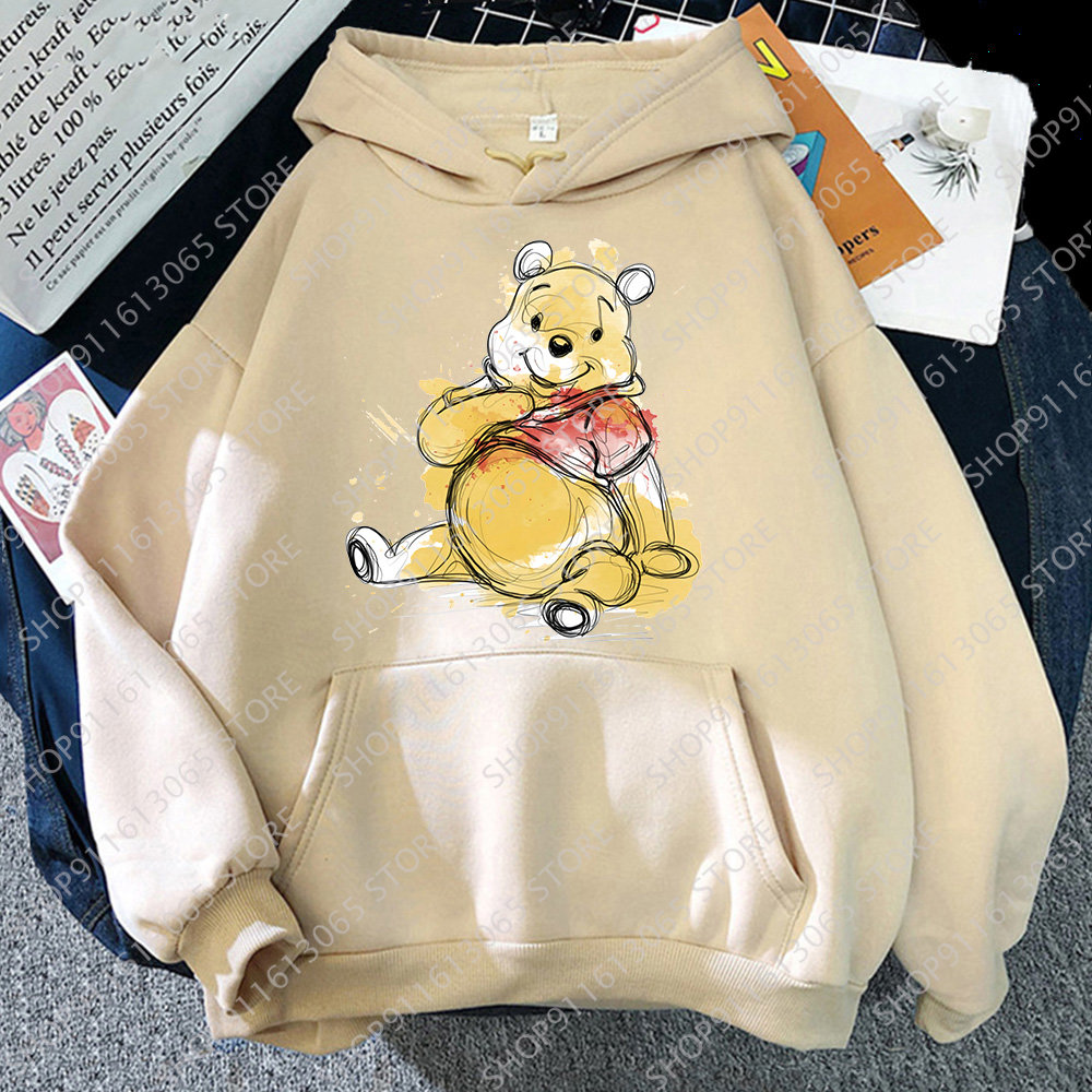 Winnie The Pooh Women Hoodies Kawaii Print Hooded Sweatshirt Cartoons Pullover Harajuku Fashion Casual Clothes Couple Khaki Tops alx