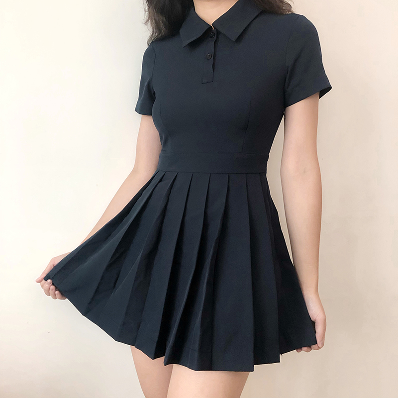 Vintage Short Sleeved Navy Dress 2022 New Summer Pleated Short Dresses Slim High Waist Fashion Folds Casual Dress for Women alx