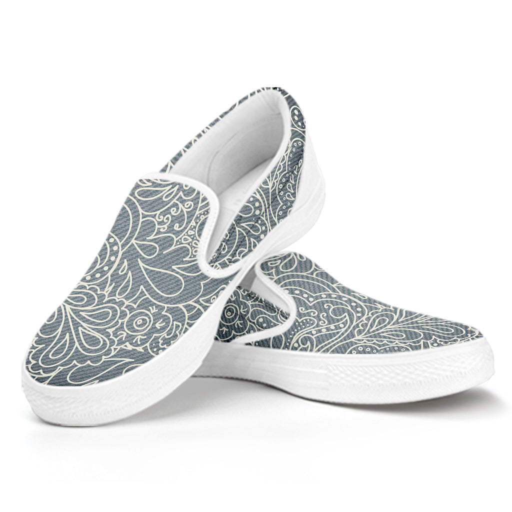 White And Grey Western Floral Print White Slip On Shoes