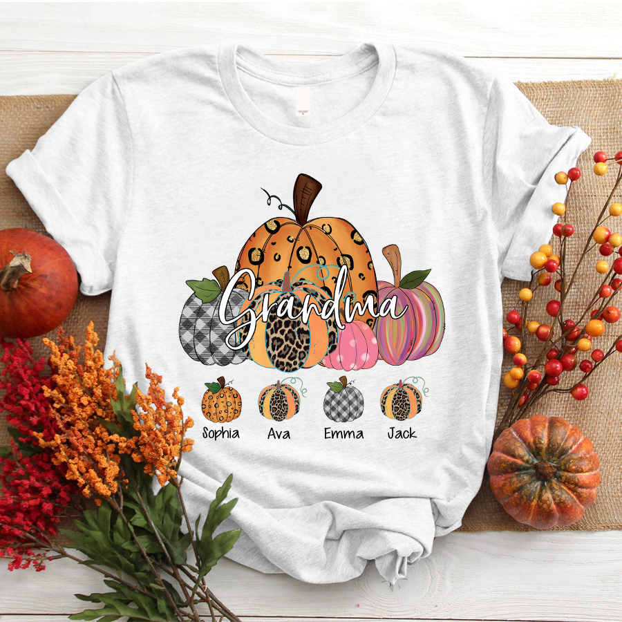 Grandma Pumpkin Art Personalized Grandkids Names Shirt Gift