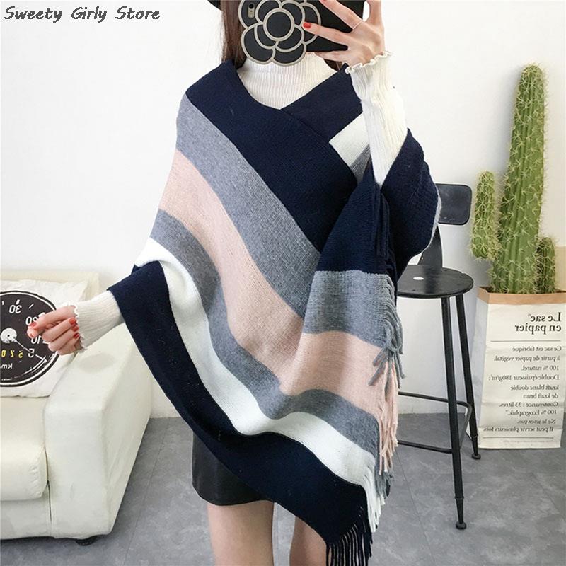 Women Patchwork Scarves Shawls Coat Striped Winter Knitted Cashmere Capes Shawl Cardigans Sweater Warm Knit Poncho Blanket 2023 alx