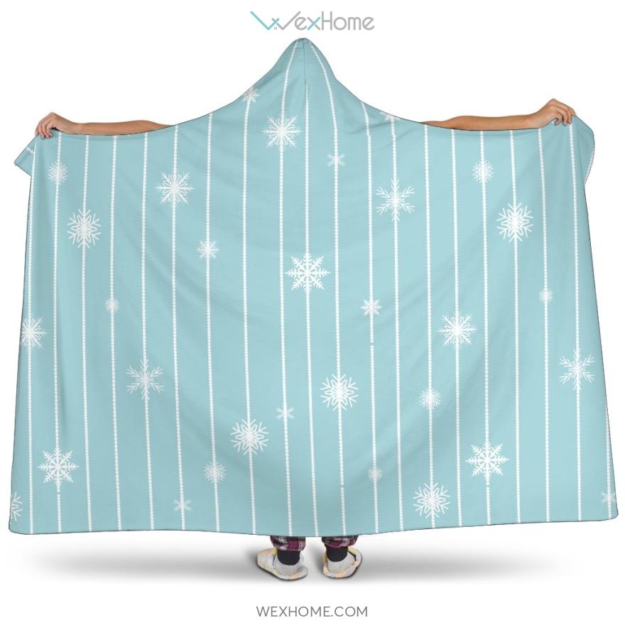 Snowflake Pattern Blue Stripe Background Hooded Blanket