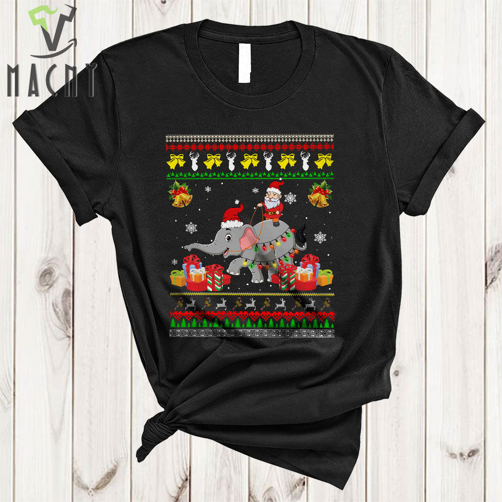 Santa Riding Elephant Funny Merry Christmas Lights Xmas Sweater Santa Elephant Animal Lover T-Shirt