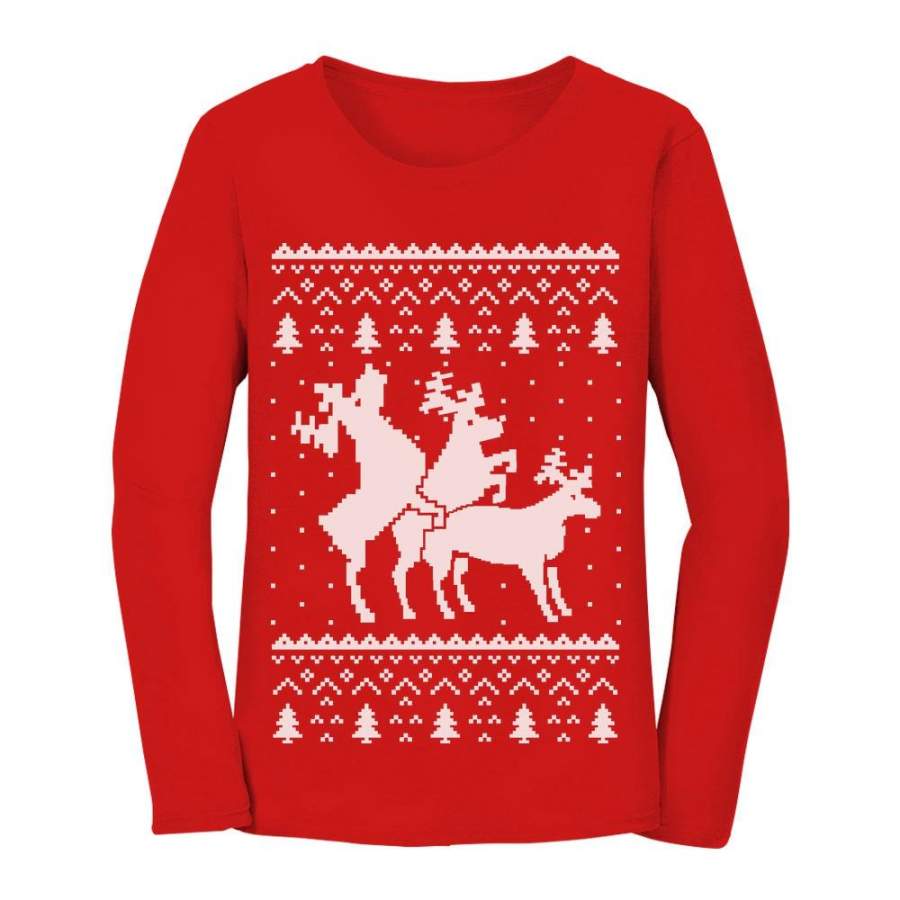 Ugly Christmas Party Sweater Humping Reindeer Threesom Women Long Sleeve T-Shirt