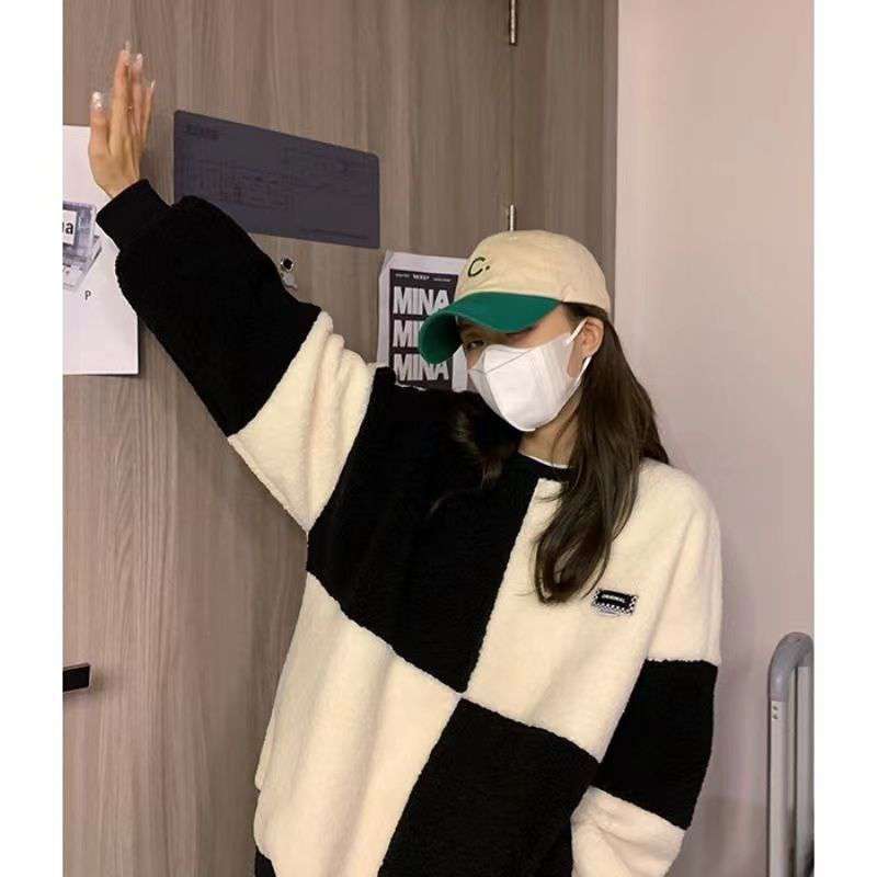 Women’s Sweatshirt Korean Fashion Color Block Patchwork Lamb Wool Woman Clothes Winter Warm Pullover Hoodies Harajuku Clothes alx