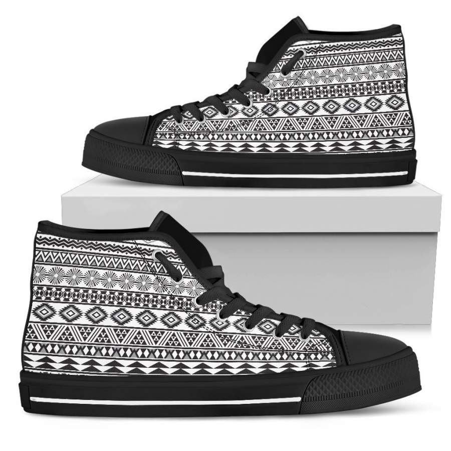 White And Grey Aztec Pattern Print Men’s High Top Shoes