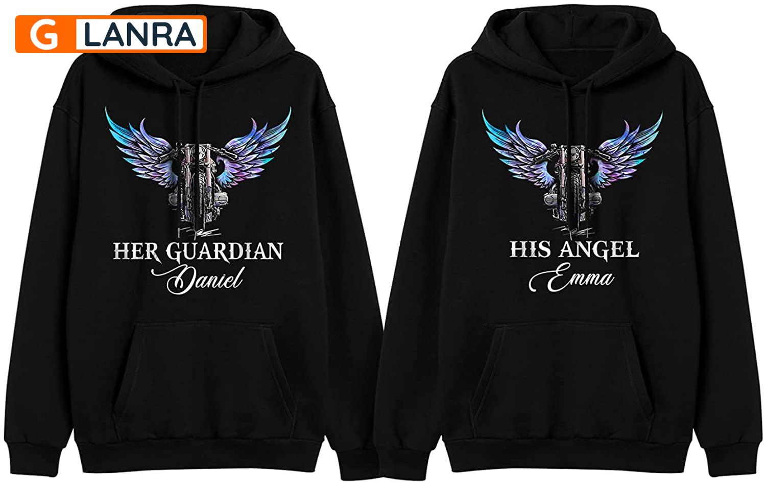 Personalized Her Guardian His Angel Hoodie, Custom Biker Couple Hoodie, Matching Couple Hoodie, Husband Wife Hoodie, Unisex Sweater, Sweatshirt